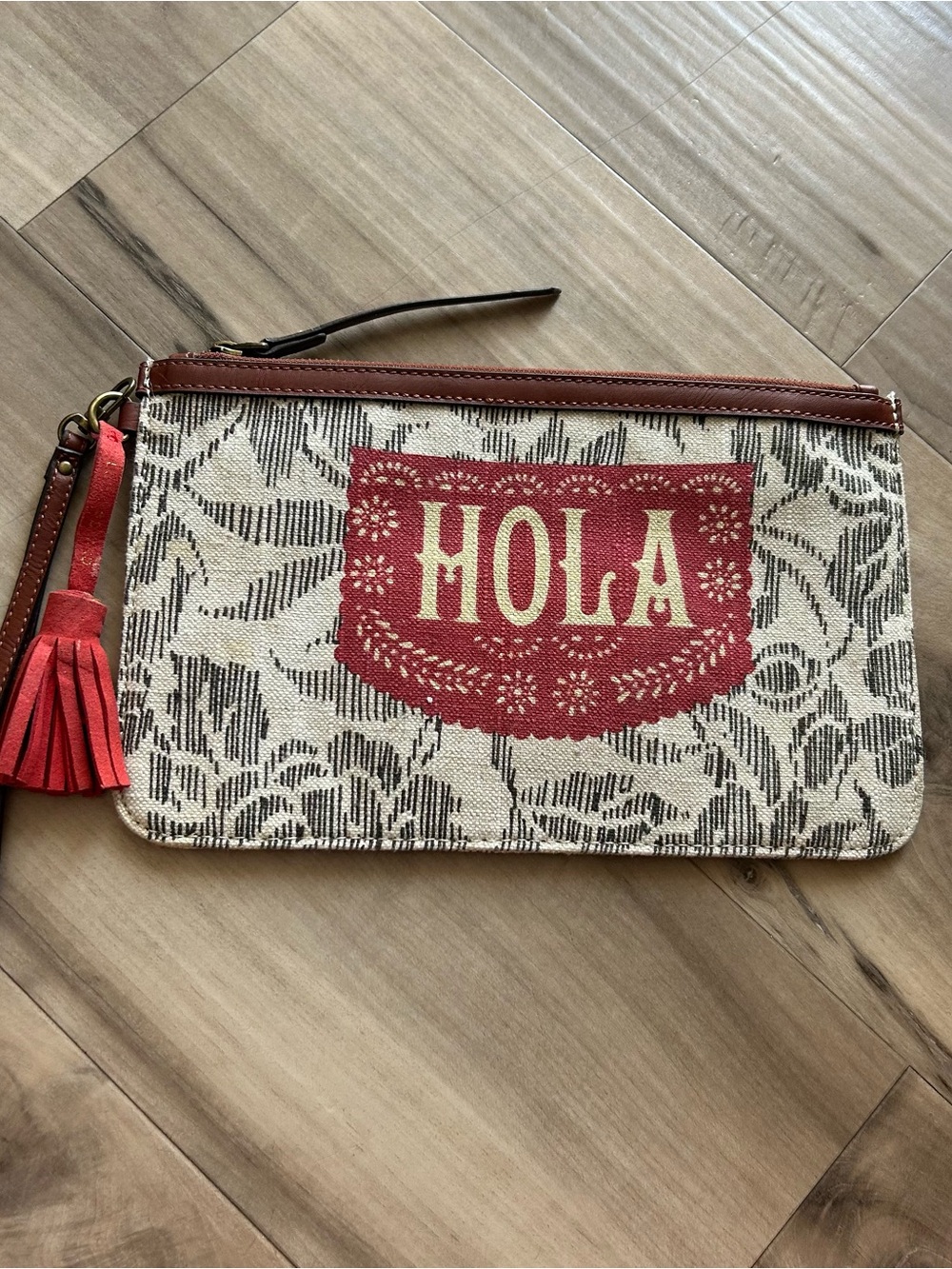 Lucky Brand Floral Canvas Wristlet Clutch Brown Leather Trim Boho Hola